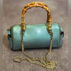 MONSAC Blue Genuine Leather Gold Accent Mini Barrel Bag with Bamboo Handles